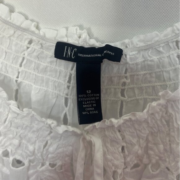 INC Eyelet Peasant Top Womens Size 12 White 3/4 Sleeve Elastic Hem - Picture 6 of 7